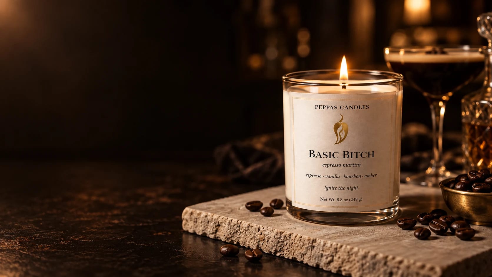Peppas candle glowing on stone