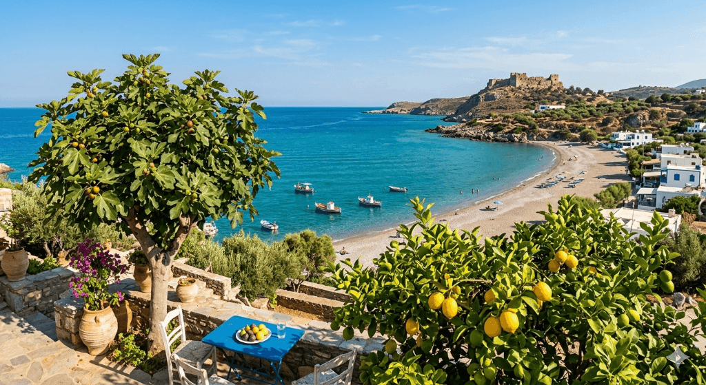 Aegean coastline with fig trees, a hilltop fortress, and fishing boats on turquoise water