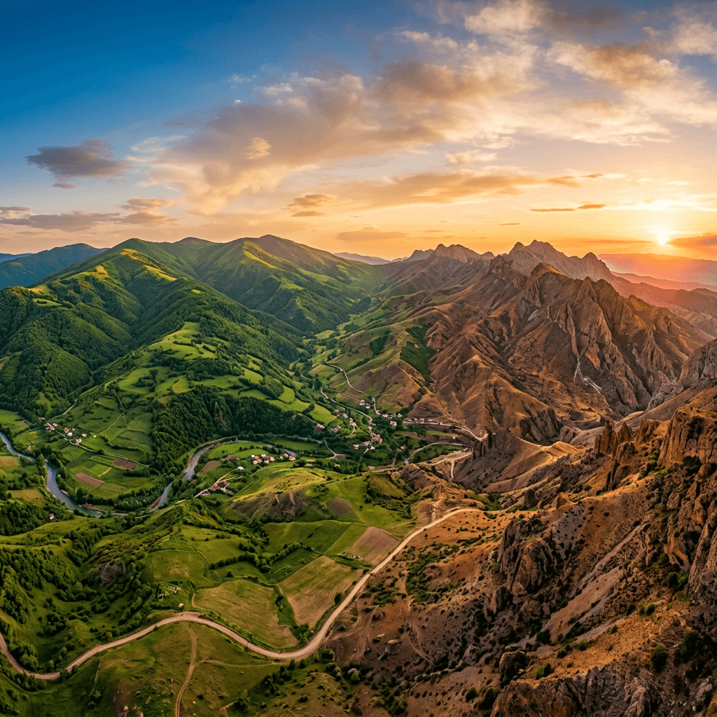 Golden-hour valley of rolling green hills falling into rugged red mountains at sunset