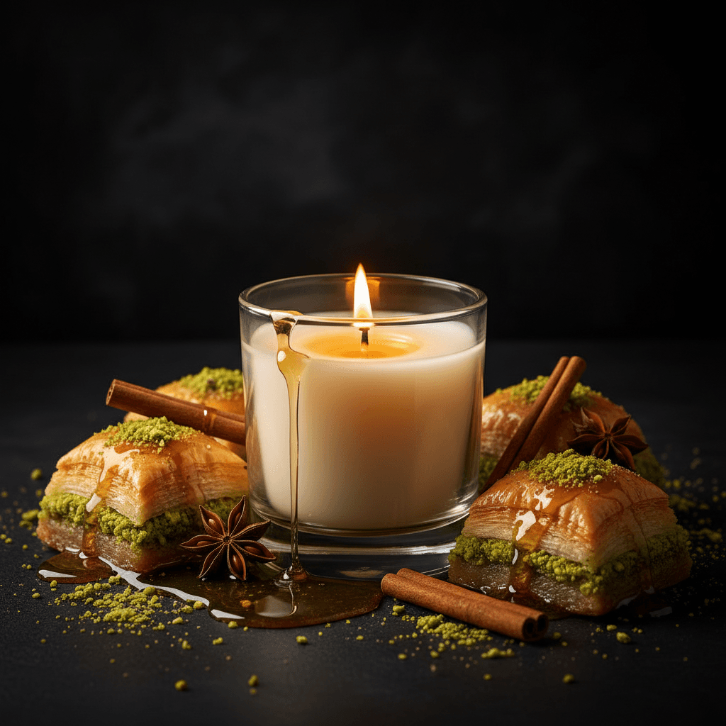 Yia Yia's Baklava candle on a tabletop with pistachio, nuts, honey, and a cinnamon stick.